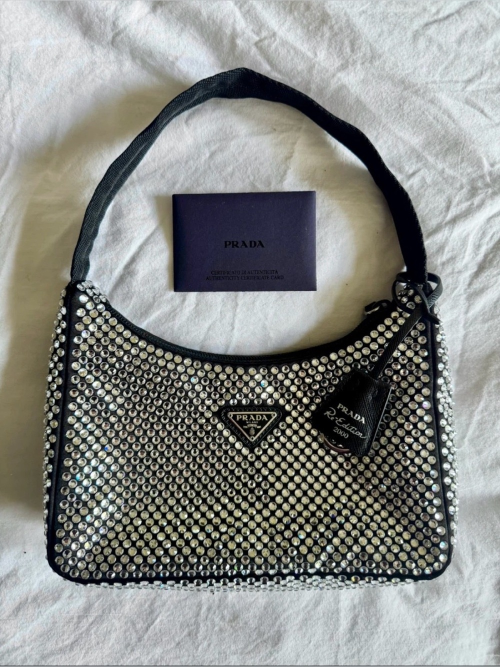 EUC Prada Re-Edition 2000 Crystal-Studded Satin Mini Bag, Black